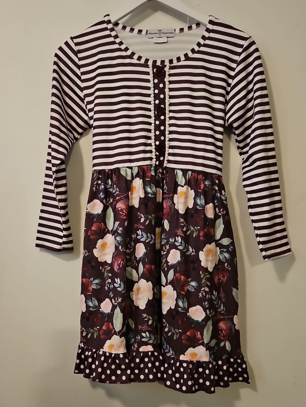 Girls' Brown Floral & Stripe Long Sleeve Dress by Adorable Beginnings